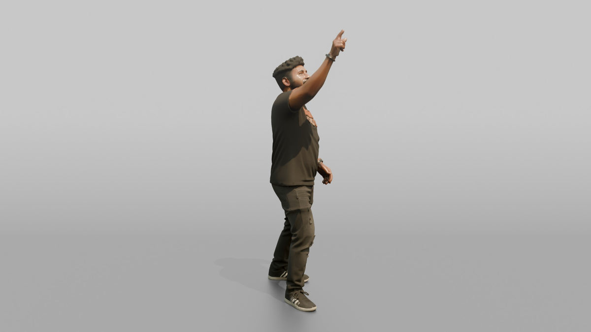 Club DJ Man Pointing Up With One Hand, Energetic Pose - 3D character model, view 2