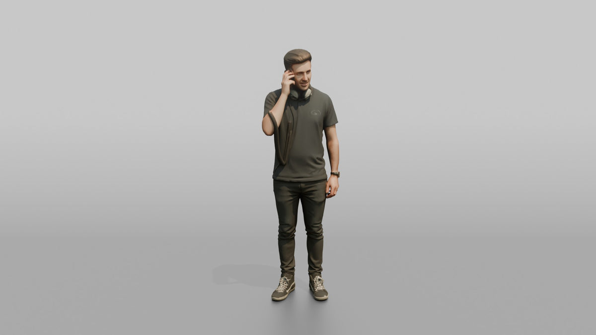 Club DJ Man Holding A Pair Of Headphones Up To One Ear - 3D character model