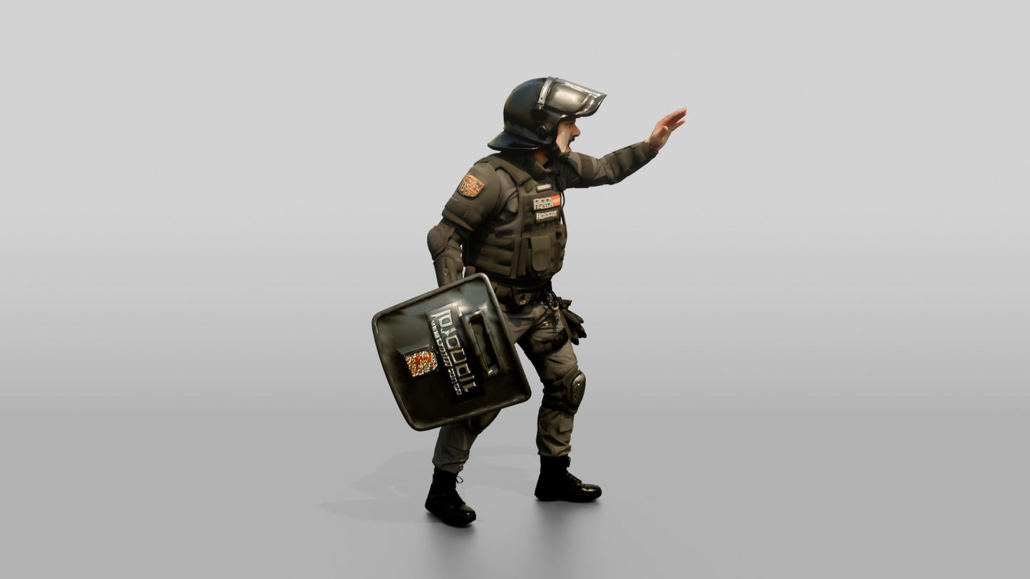 Riot Police Officers Gesturing with Shield