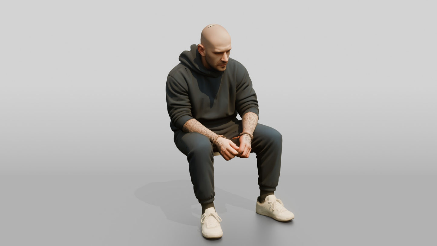 Caucasian Male Prisoner in a Navy Blue Hoodie and Joggers