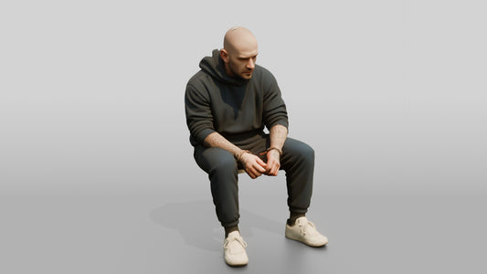 Caucasian Male Prisoner in a Navy Blue Hoodie and Joggers - 3D character model, view 1