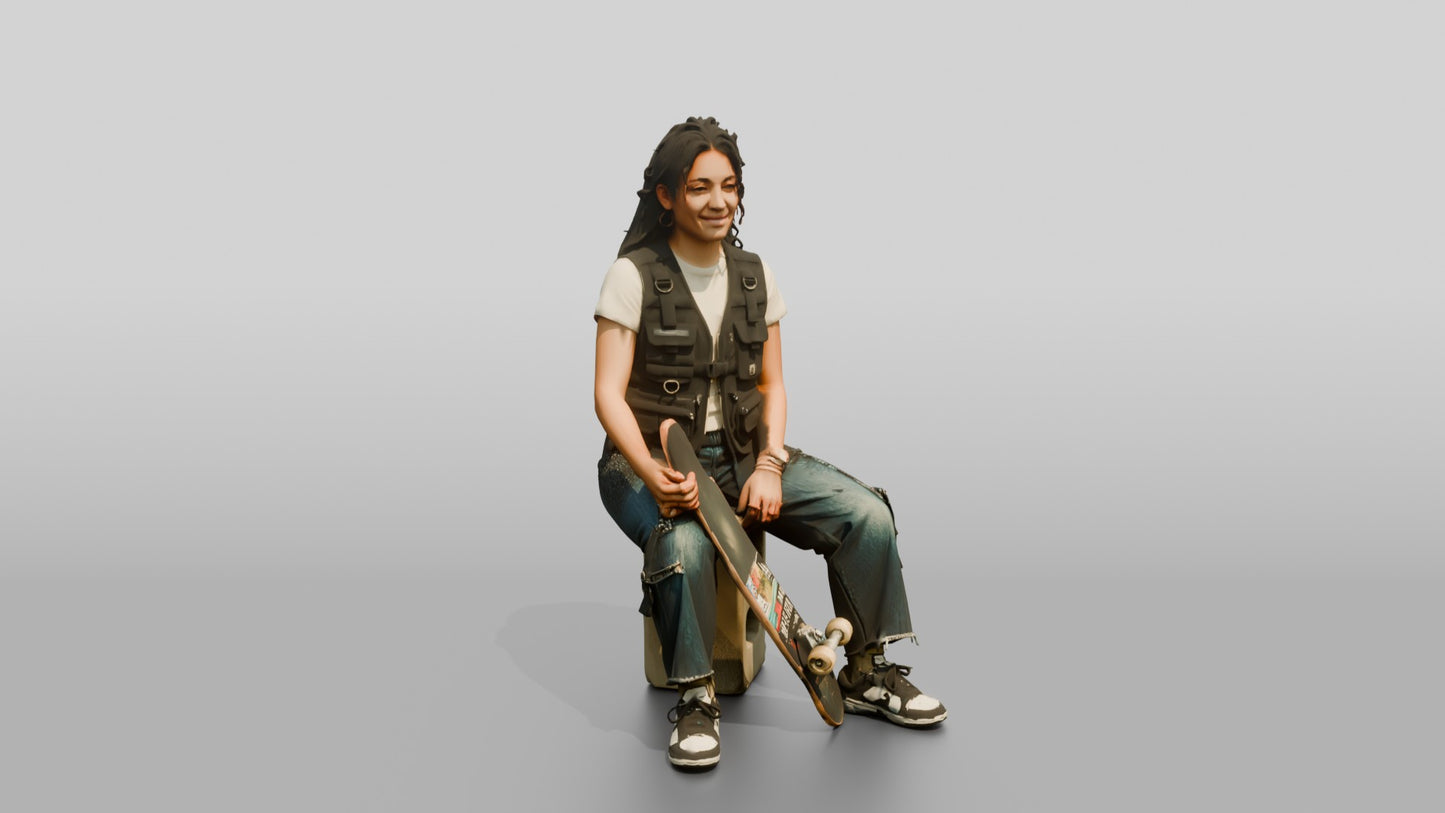 Skater Woman in Utility Vest with Skateboard