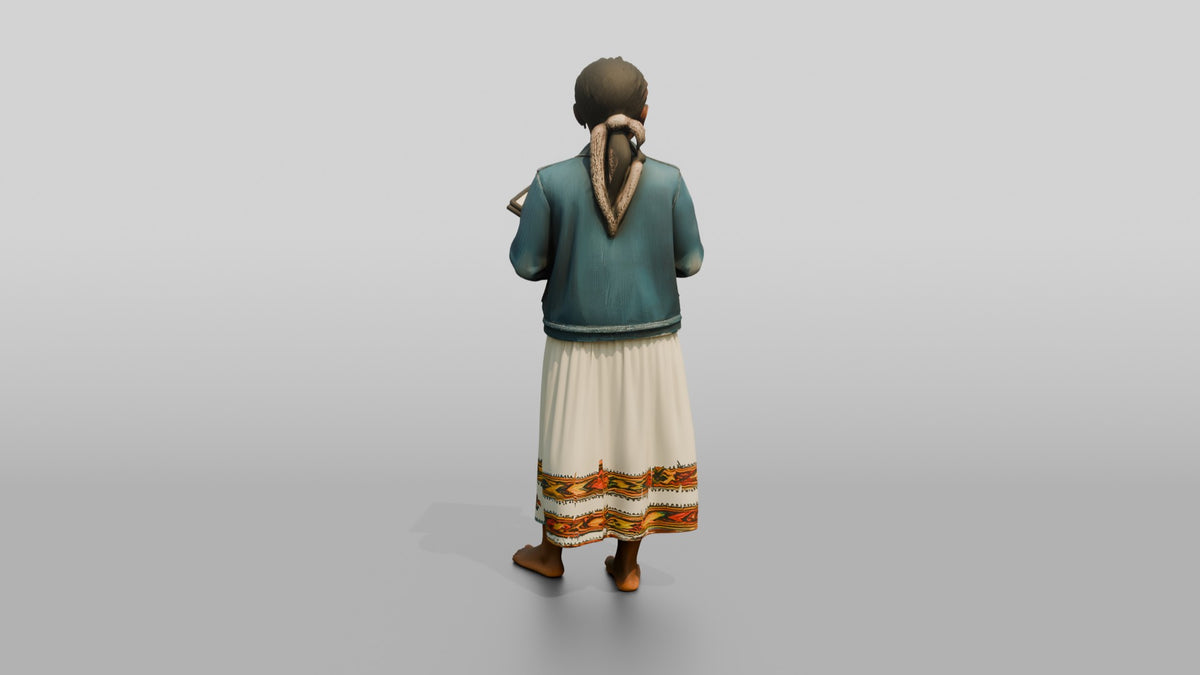 African Girl in a Denim Jacket Holding a Digital Tablet - 3D character model, view 3