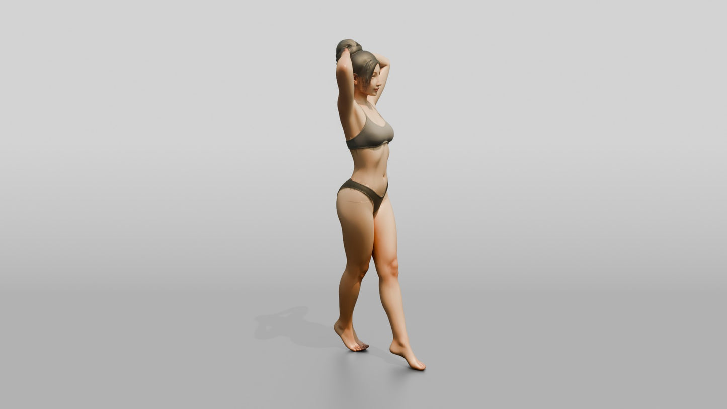 Woman in Olive Two-Piece Swimsuit Arms Raised