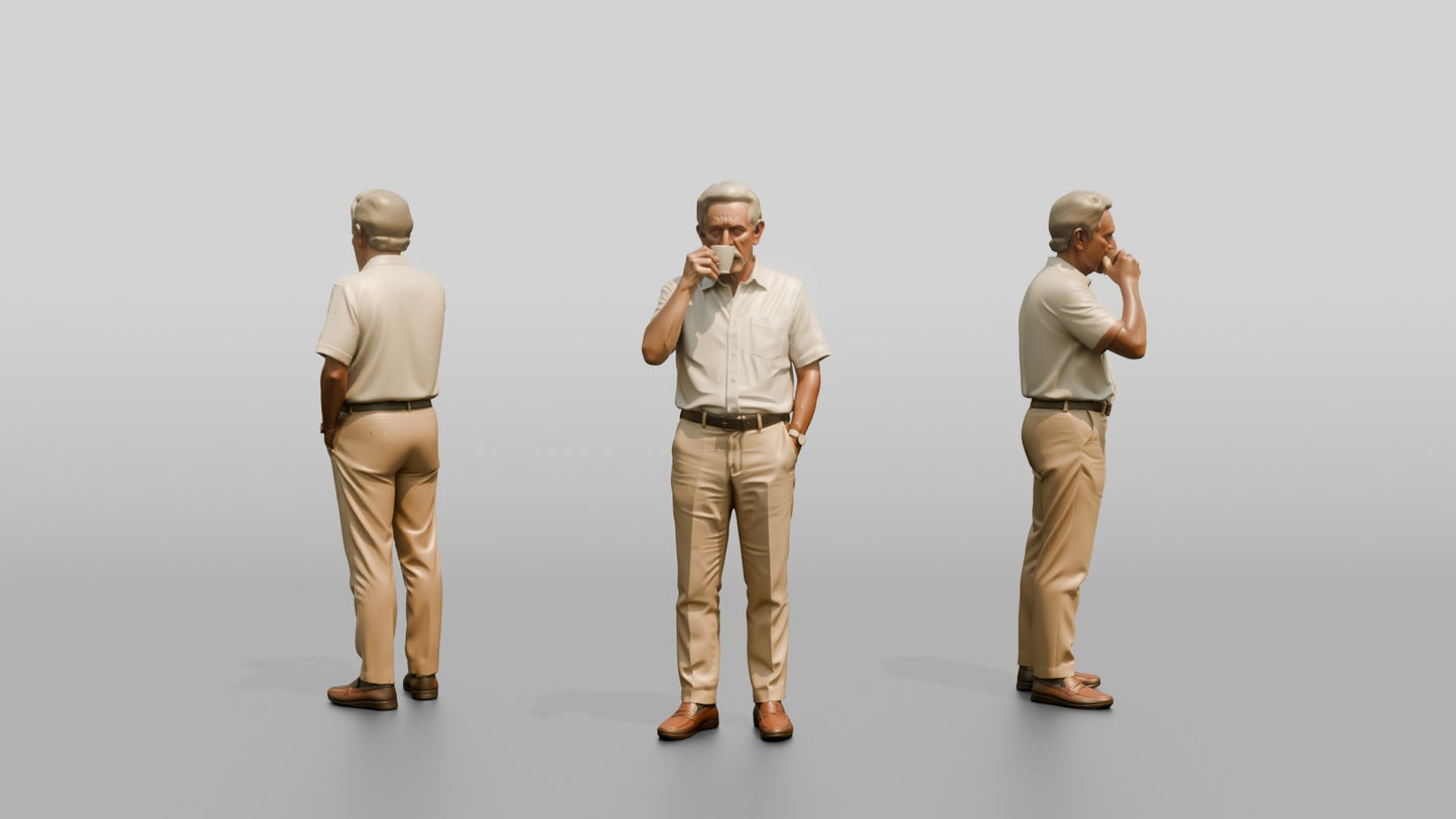 Elderly Slender Spanish Man Sipping Espresso