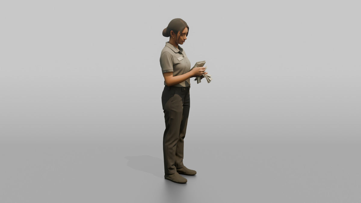 Woman Cashier Counting A Stack Of Cash Bills - 3D character model, view 2
