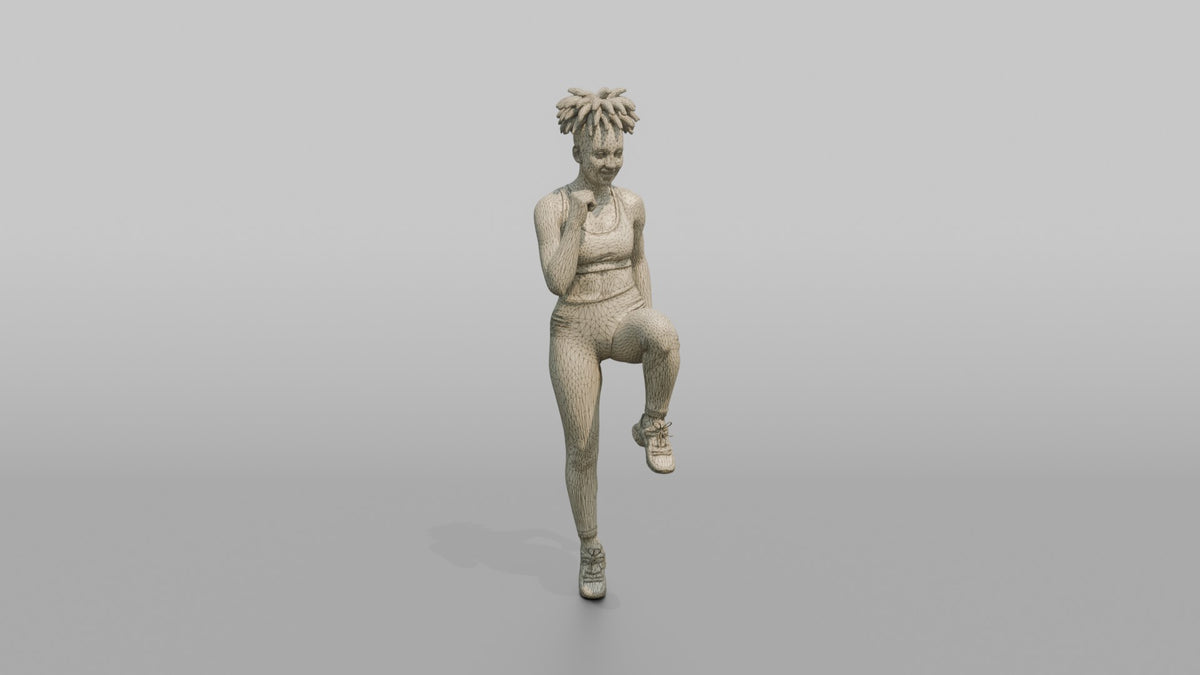 Bodyweight Athlete Woman Doing A Standing Knee Raise - wireframe topology preview