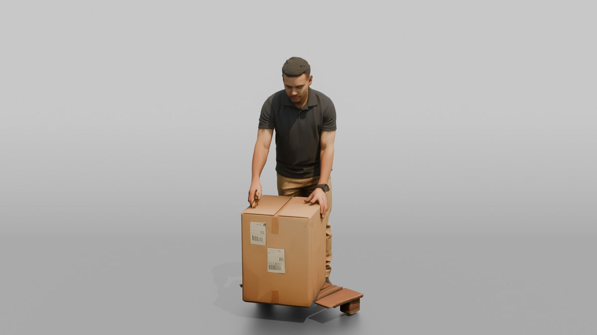 Man Stock Clerk Unpacking A Cardboard Box With A Box Cutter - 3D character model