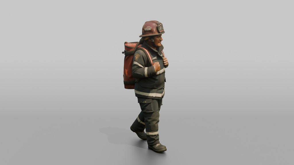 Firefighter Woman Carrying a Large Water Pump Bag