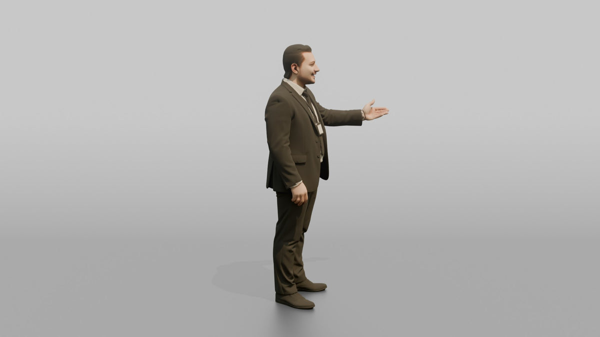 Door Staff Man Gesturing Toward The Entrance, Welcoming A Guest - 3D character model, view 2