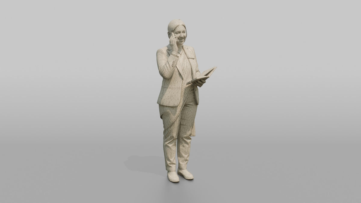 Host Woman Holding A Phone, Taking A Reservation Call - wireframe topology preview