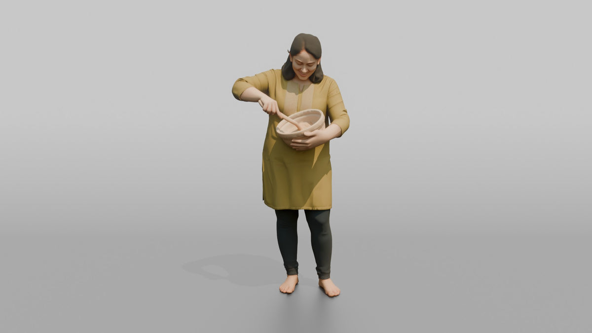 Mother Holding A Mixing Bowl And A Wooden Spoon, Stirring - 3D character model, view 5