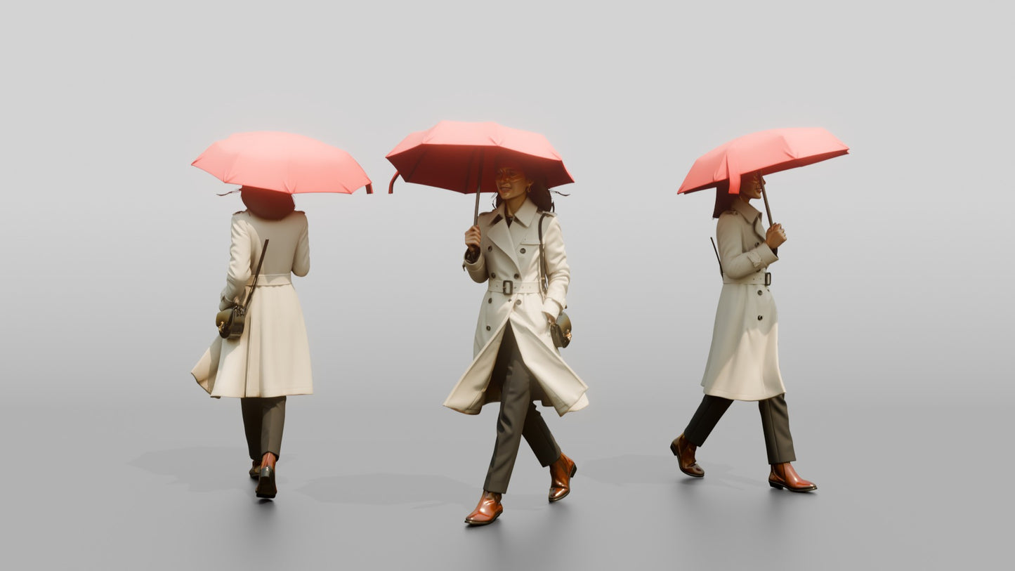 East Asian Woman in White Trench Coat with Red Umbrella