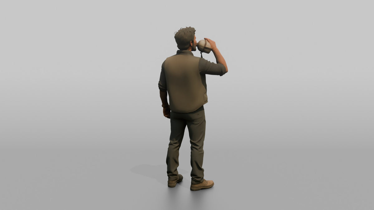 Farmer Taking Drink From Vintage Stainless Steel - 3D character model, view 3