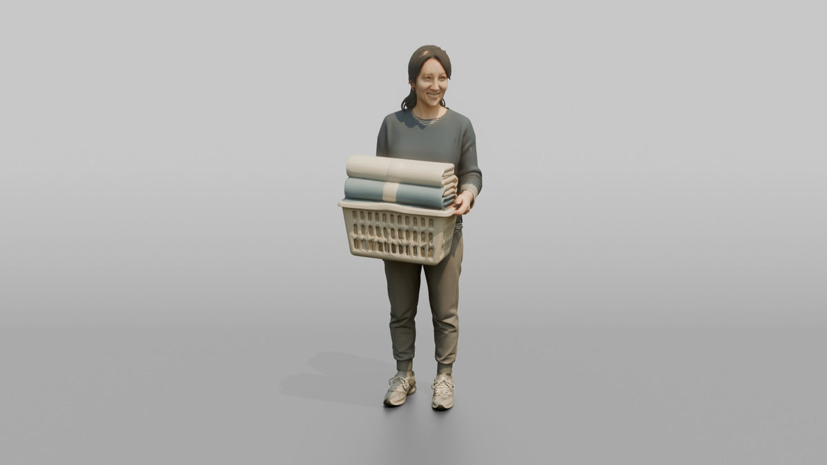 Mother Holding A Laundry Basket Full Of Folded Towels - 3D character model