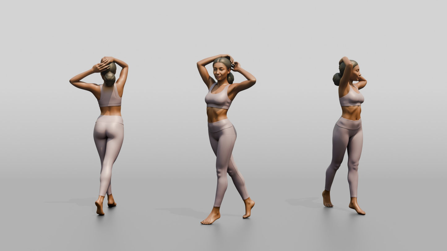 Woman in Lilac Activewear with Arms Raised to Her Hair