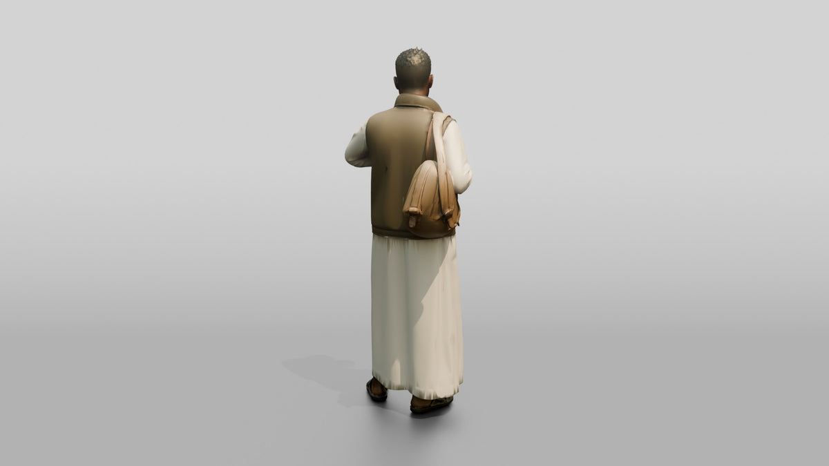 African Man in White Jalabiya Checking His Watch - 3D character model, view 3