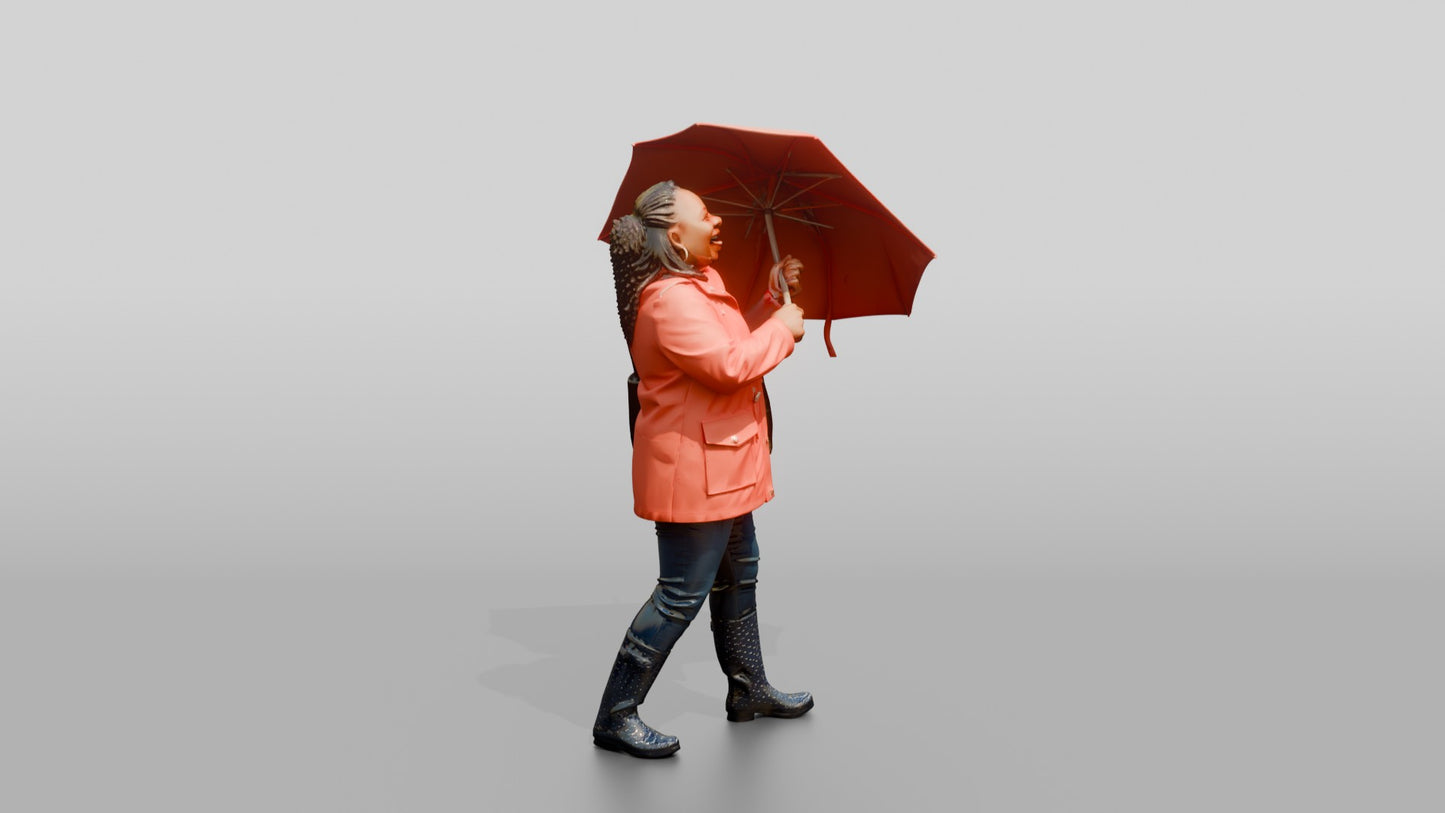 Black Woman in Red Raincoat Opening Umbrella
