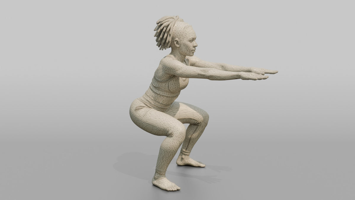 Fitness Influencer Woman Doing A Bodyweight Squat, Arms Extended Forward - wireframe topology preview