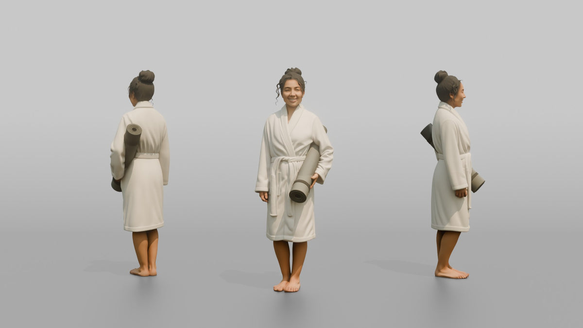 Spa Client Woman Standing Holding A Rolled Yoga Mat, Robe On - 3D character model, view 1