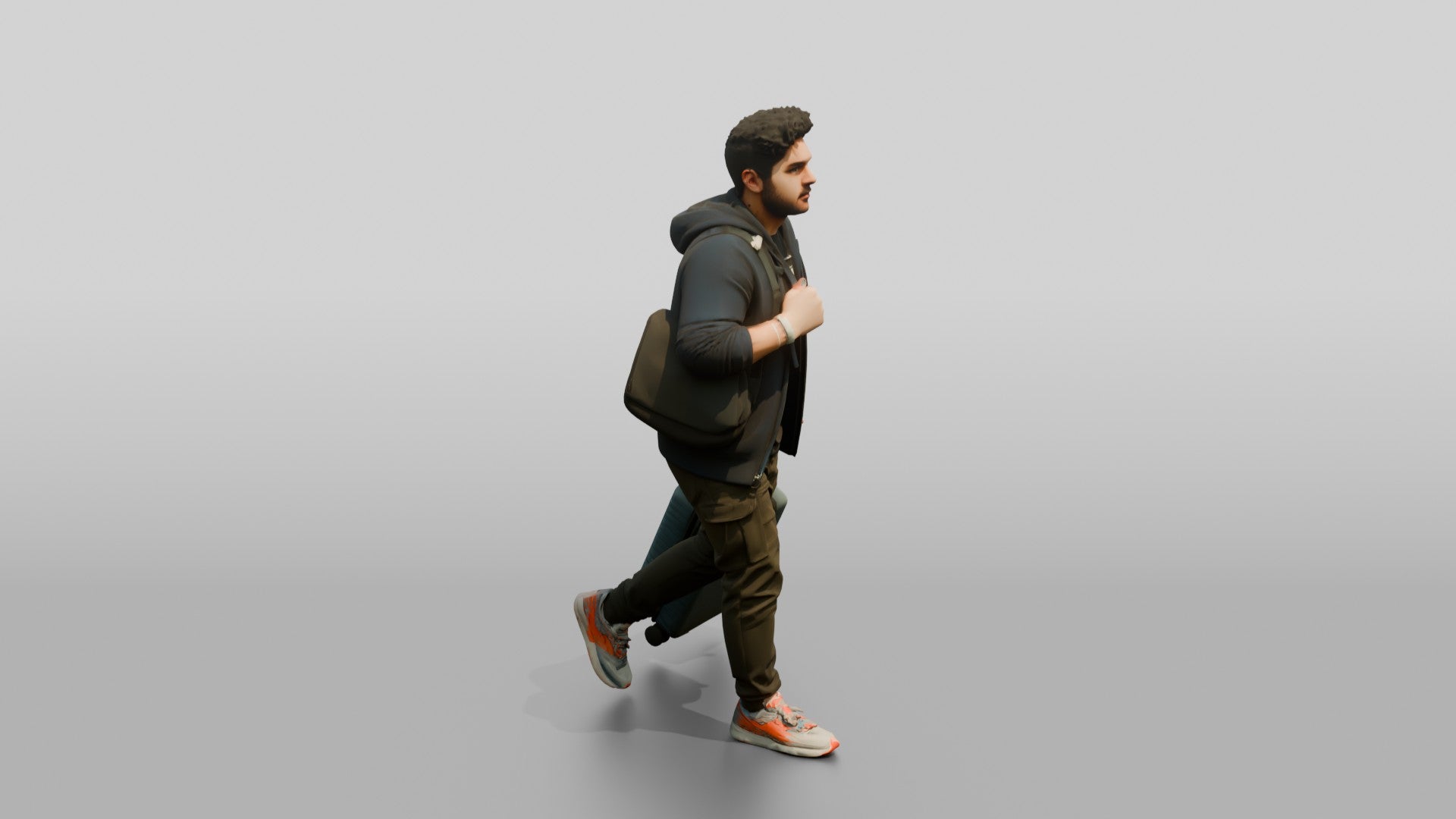 Plus-Size Man Running Through Airport Pulling Rolling Suitcase