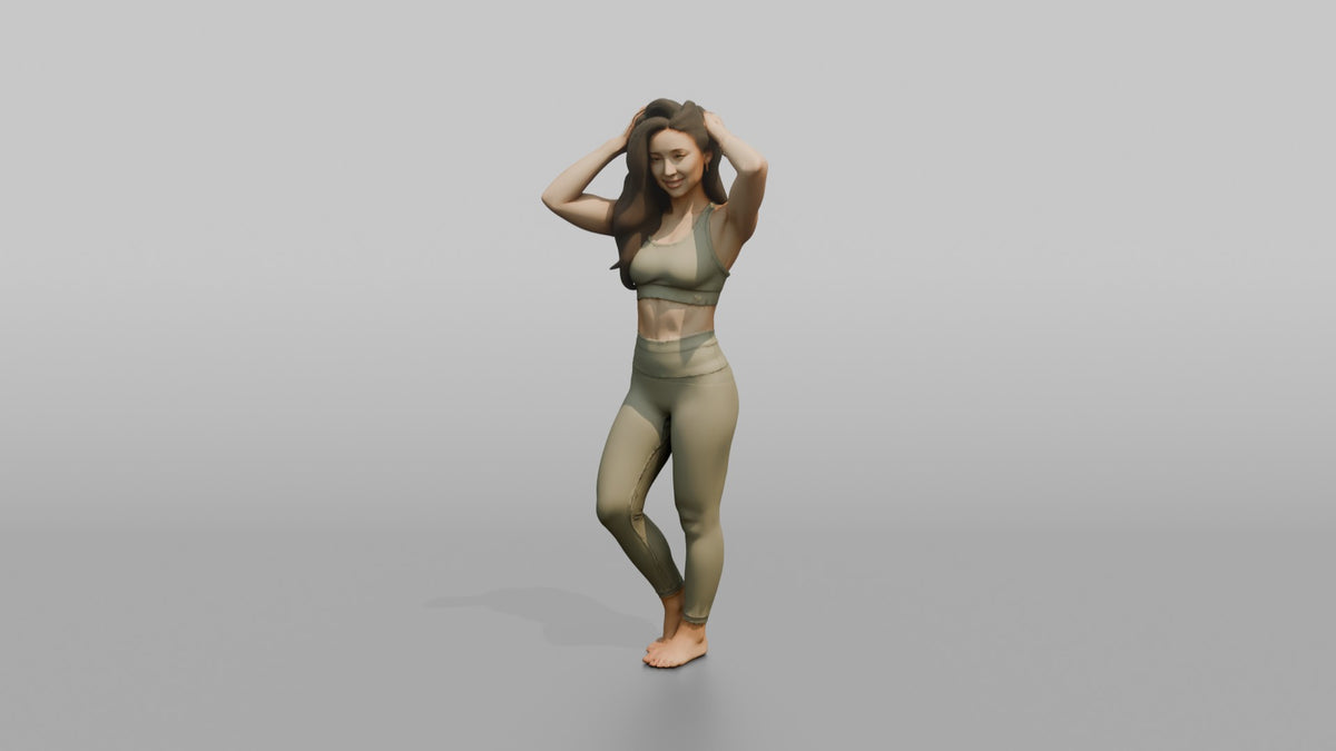 Fitness Influencer Woman Standing With Hands Running Through Hair - 3D character model, view 5