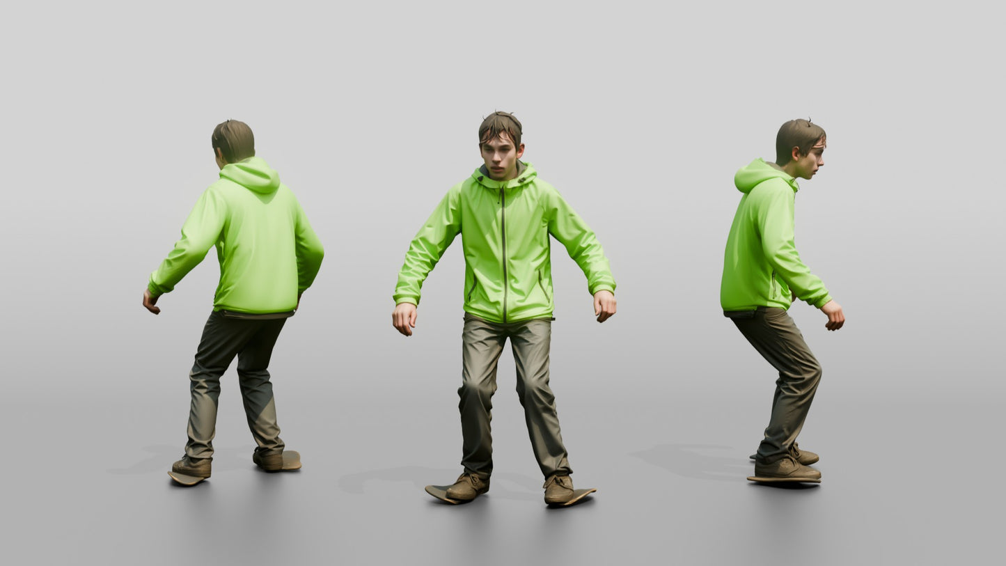 White Teen Boy Skateboarding in Green Jacket
