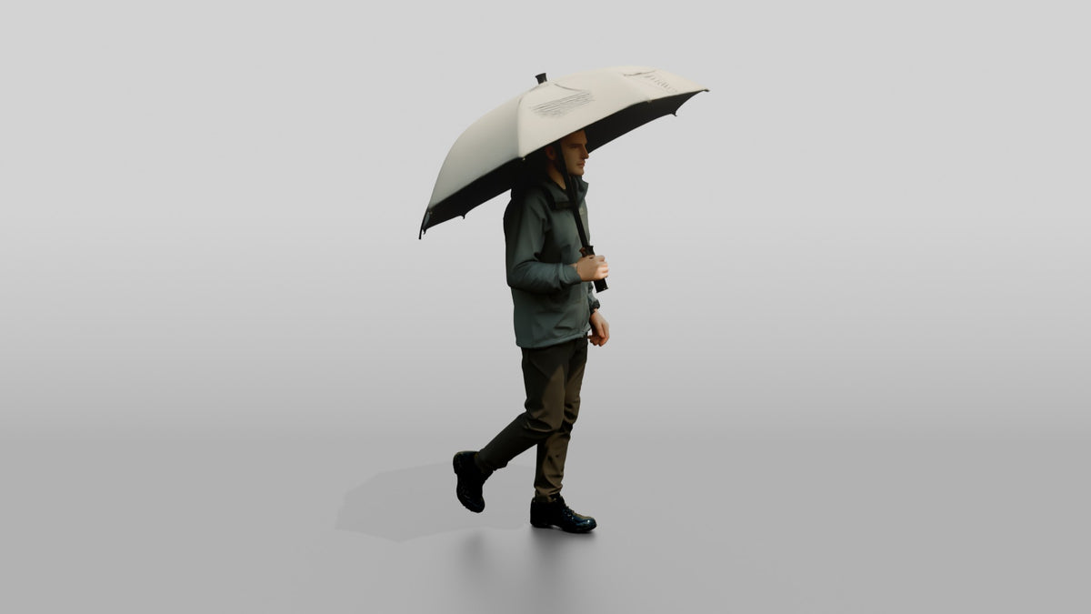 White Man in Grey Shell Jacket with Umbrella - 3D character model, view 2