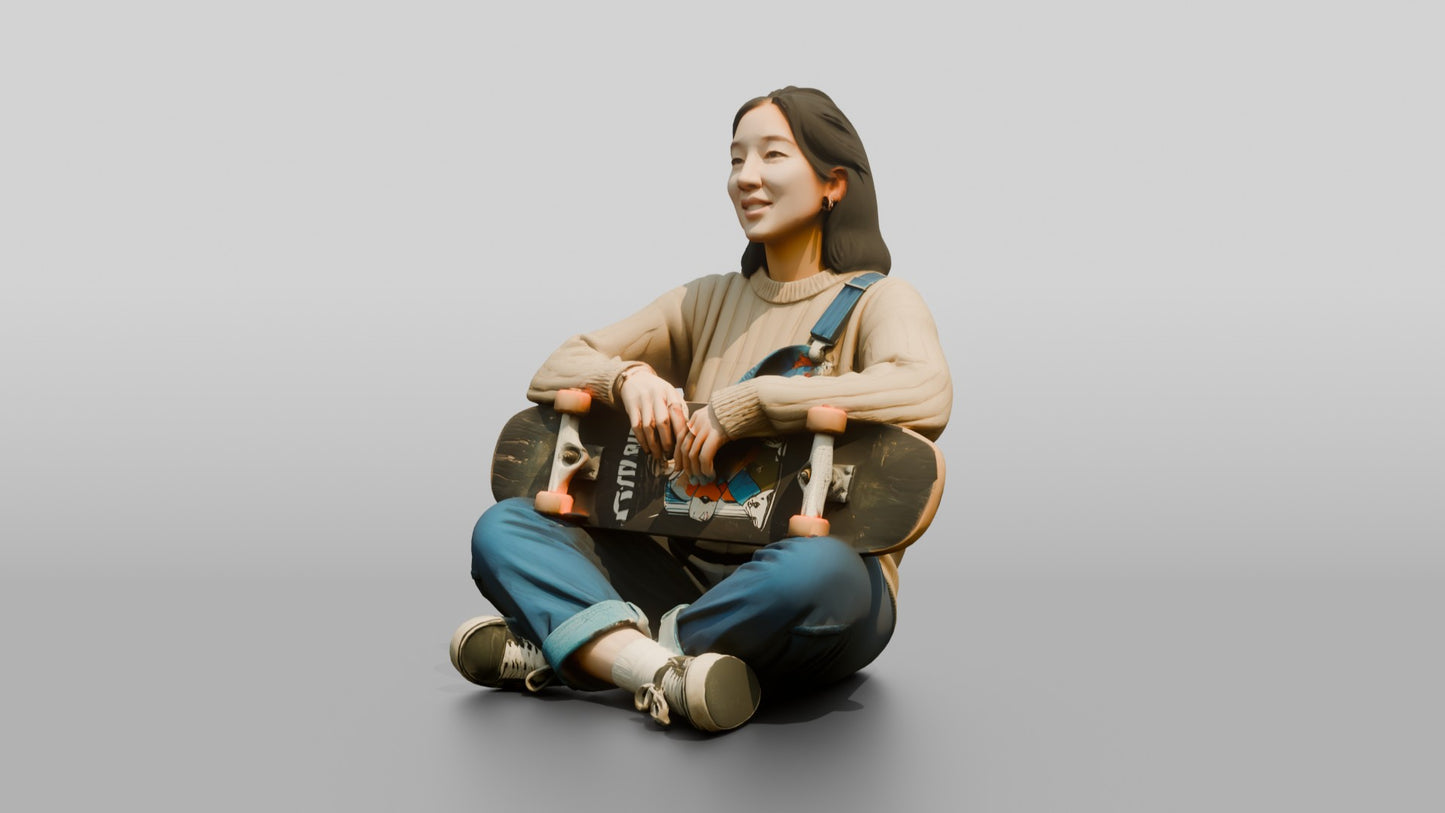Skater Woman Sitting with Skateboard