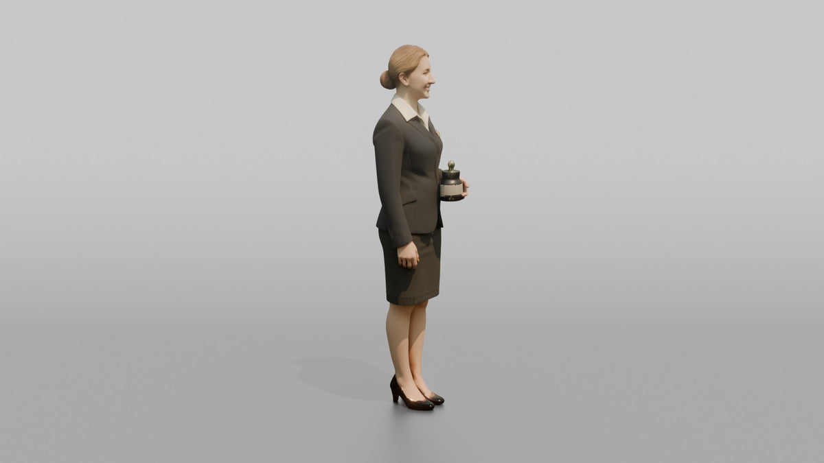 Receptionist Woman Holding A Small Vase Of Flowers - 3D character model, view 2