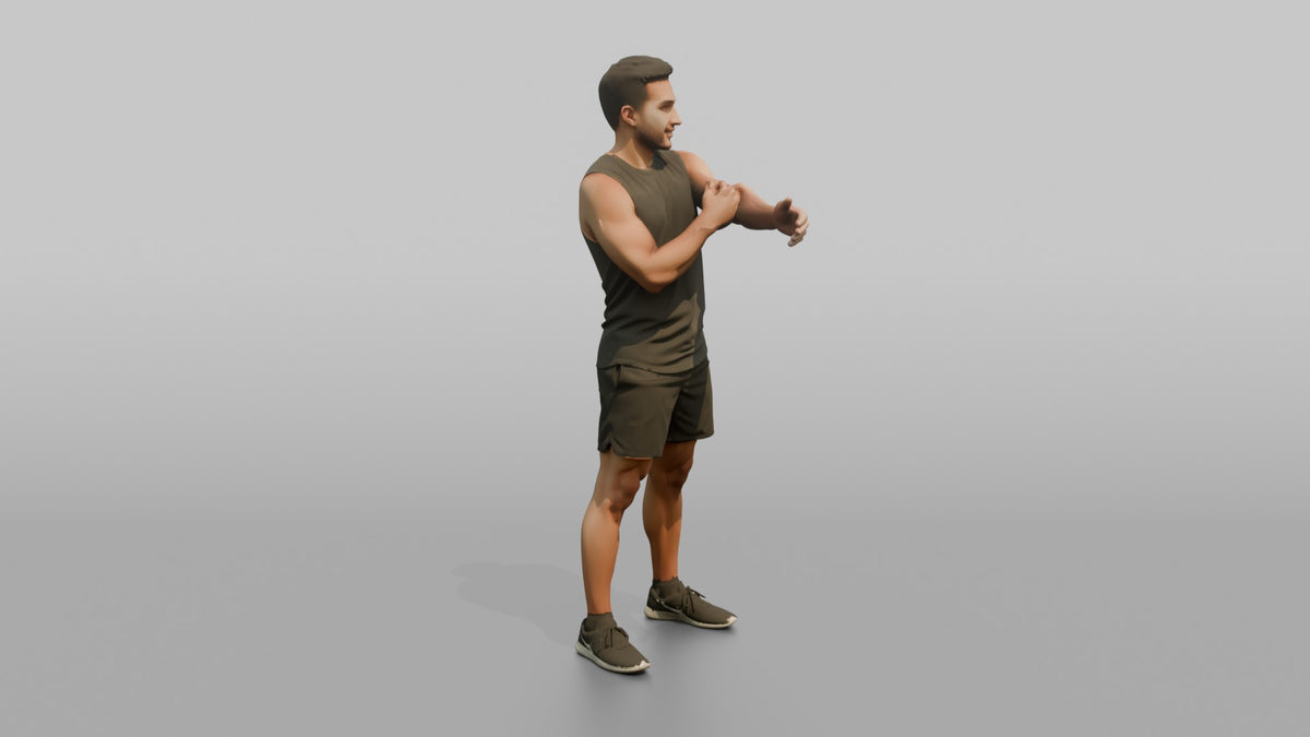 Fitness Influencer Man Stretching One Arm Across The Chest - 3D character model, view 2