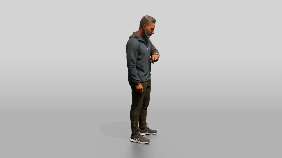 Black Man Checking His Watch in Windbreaker - 3D character model, view 2