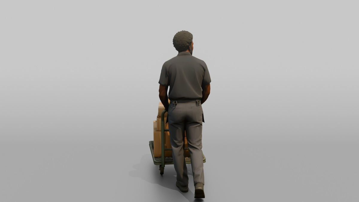 Man Stock Clerk Pushing A Flatbed Cart Loaded With Boxes - 3D character model, view 3