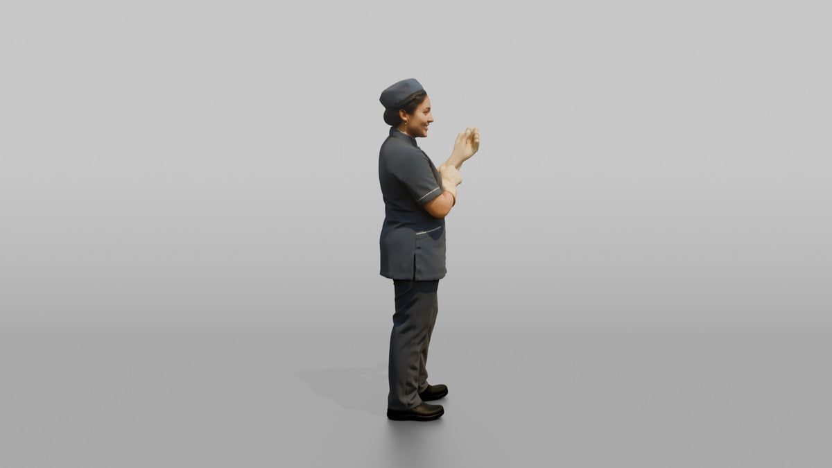 Housekeeping Staff Woman Adjusting Rubber Cleaning Gloves - 3D character model, view 2