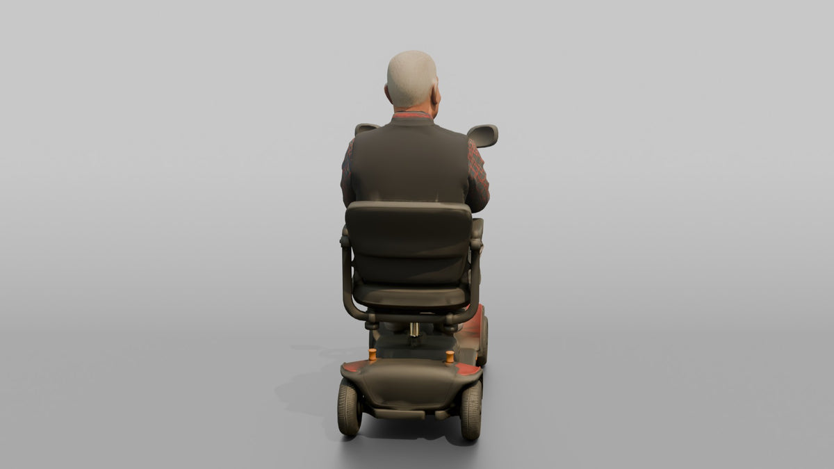 Man Customer Sitting In A Mobility Scooter - 3D character model, view 3