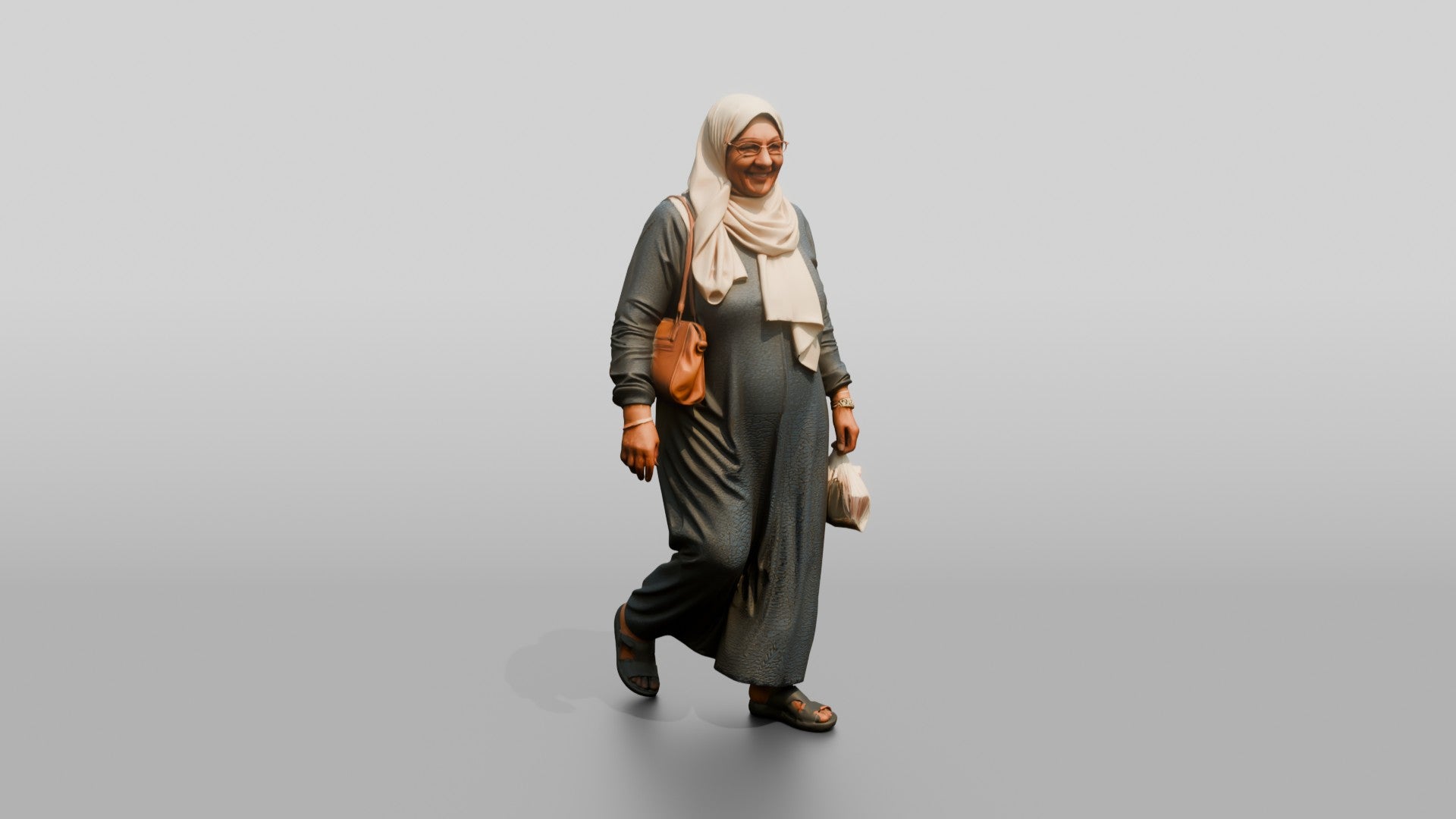Elderly Egyptian Woman in Hijab Walking with a Handbag