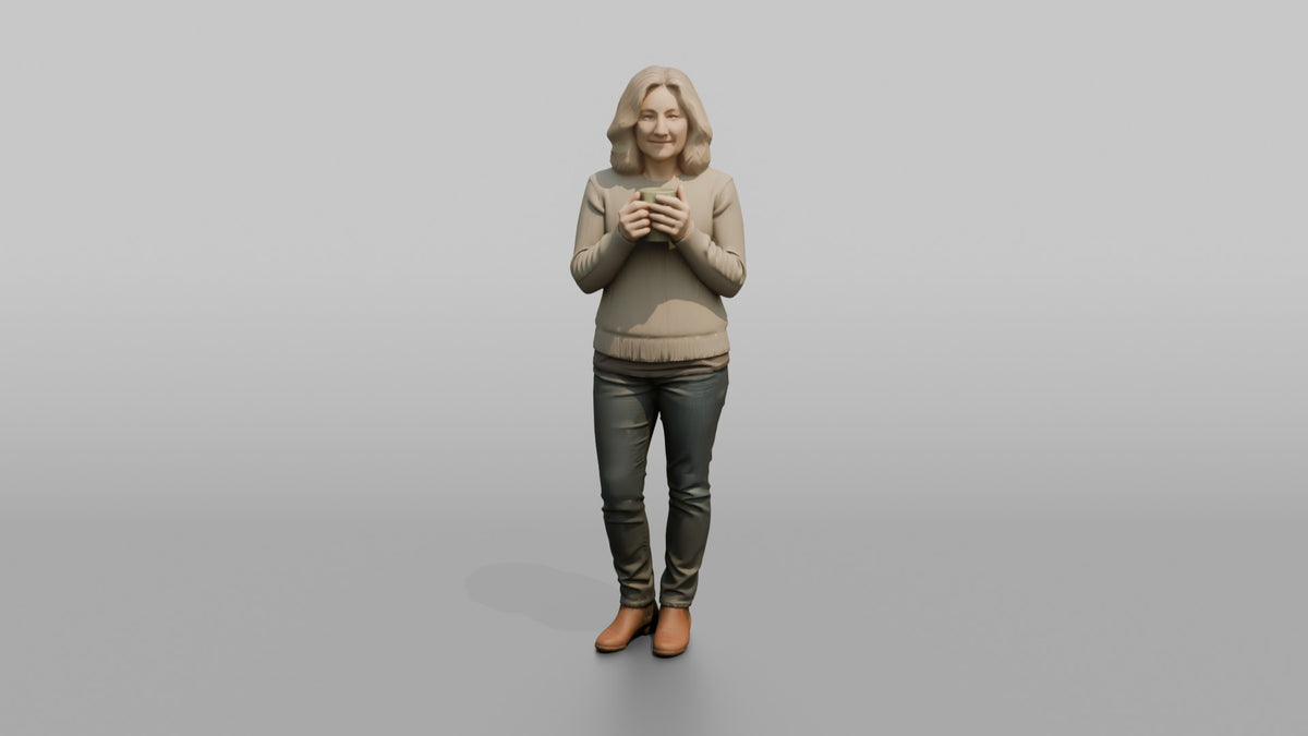 Mother Holding A Coffee Mug With Both Hands, Warming Them - 3D character model, view 5