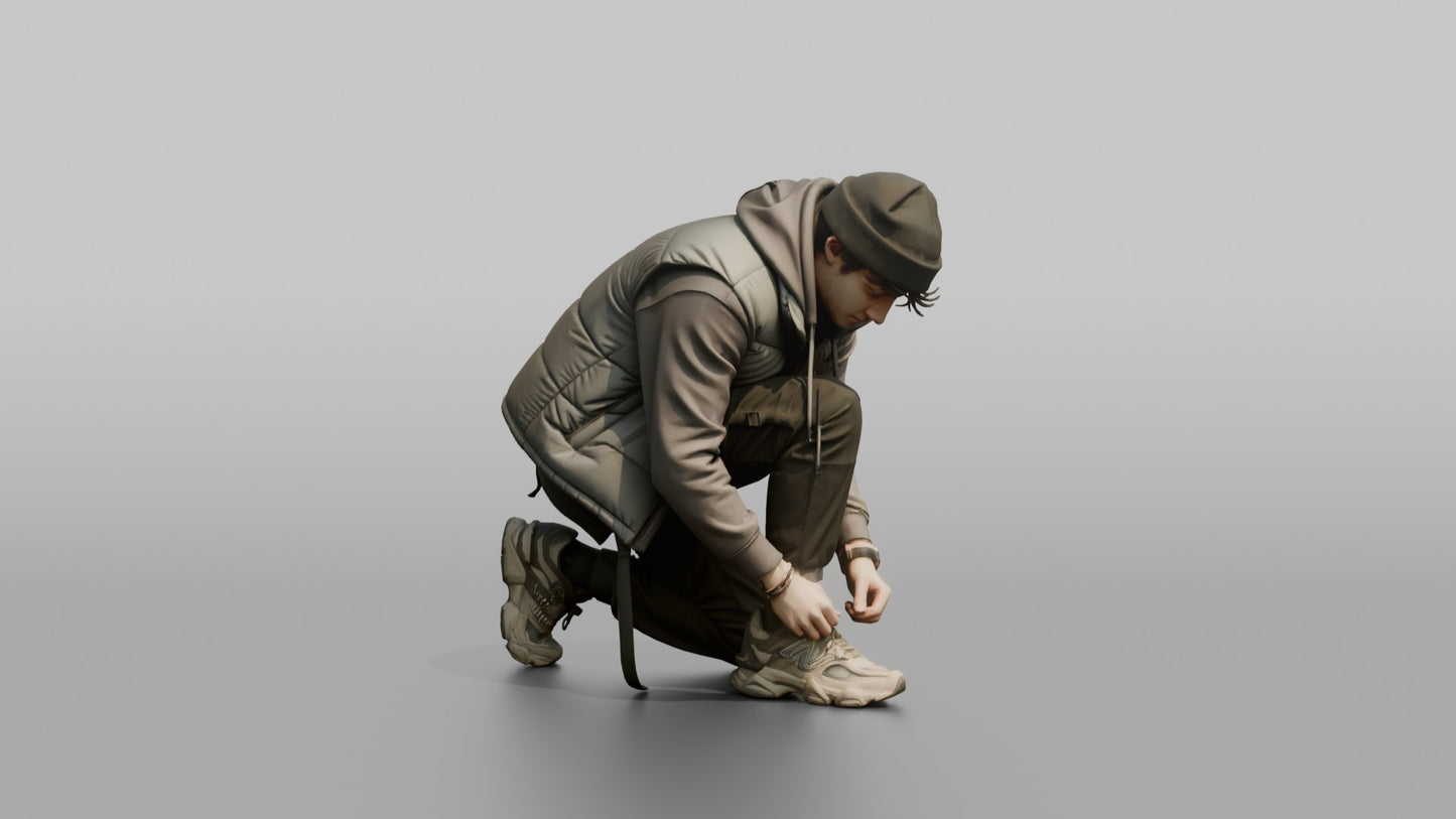 Man Crouching to Tie His Sneaker Laces