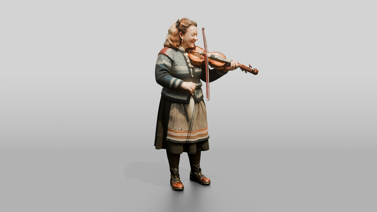 Norwegian Woman Playing Fiddle Outside a Cafe