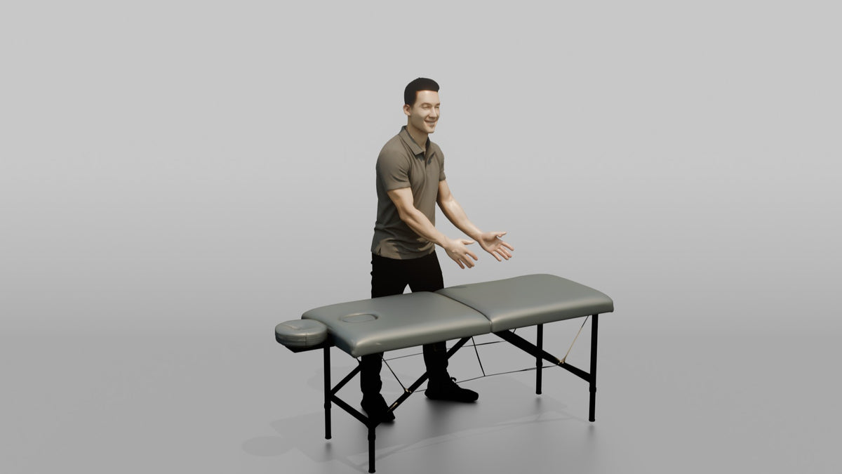 Massage Therapist Man Gesturing With Both Hands Over A Massage Table - 3D character model