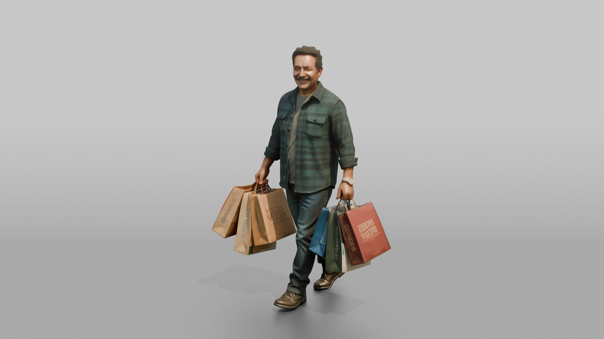 Man Customer Carrying Several Shopping Bags In Both Hands - 3D character model, view 4
