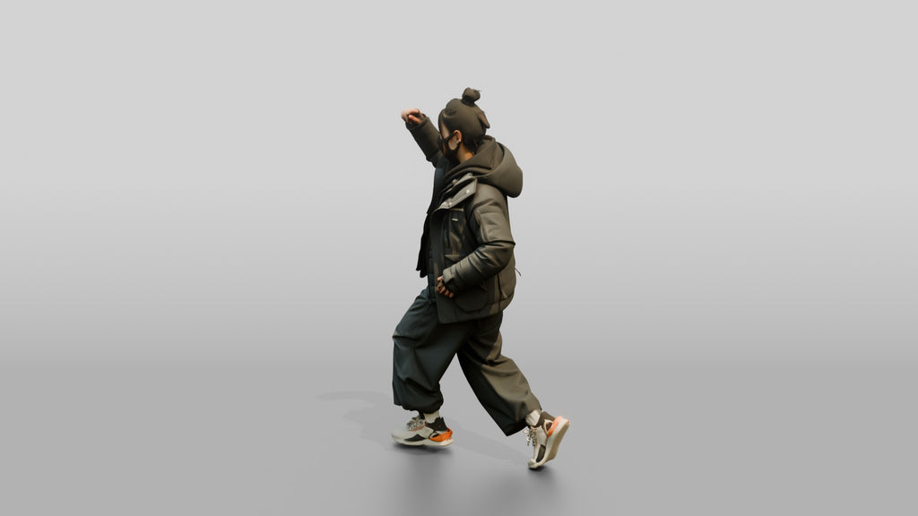 Techwear Woman in Puffer Jacket Mid-Stride