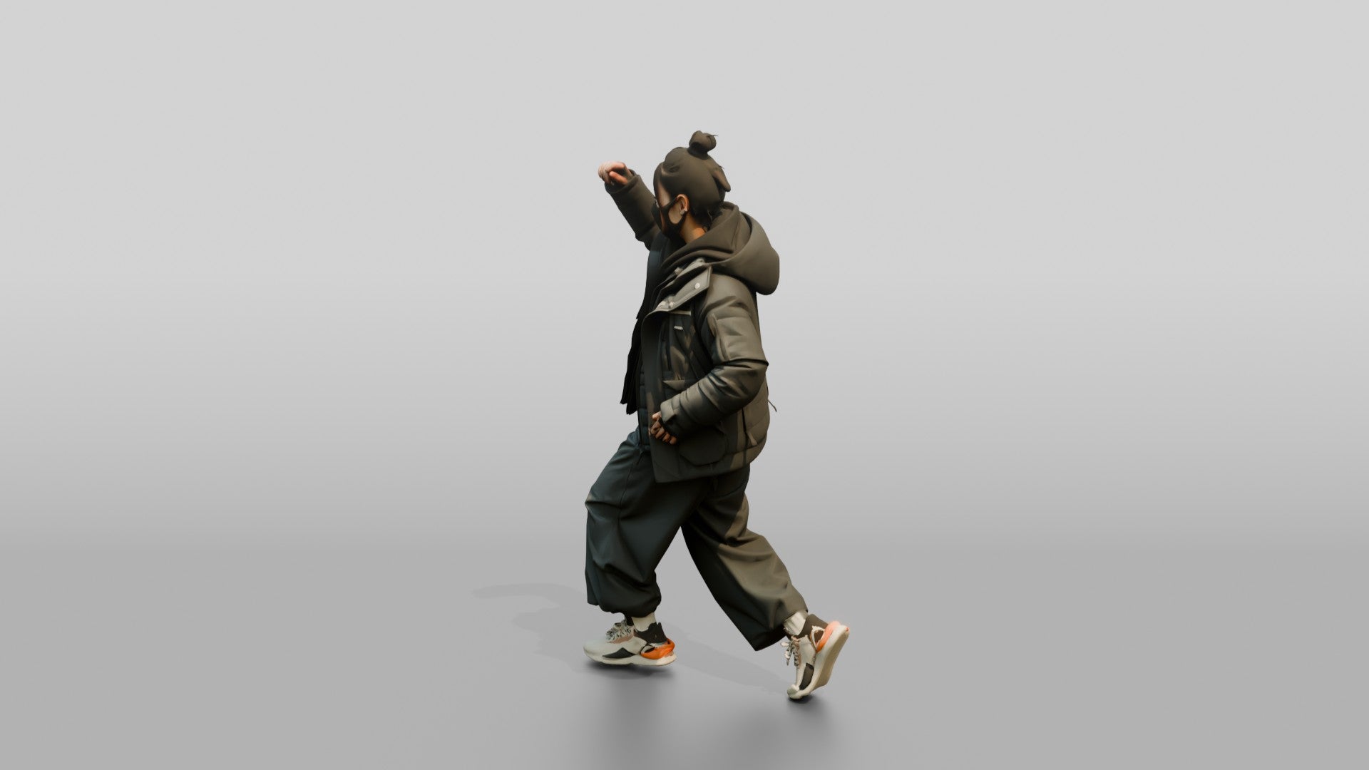 Techwear Woman in Puffer Jacket Mid-Stride
