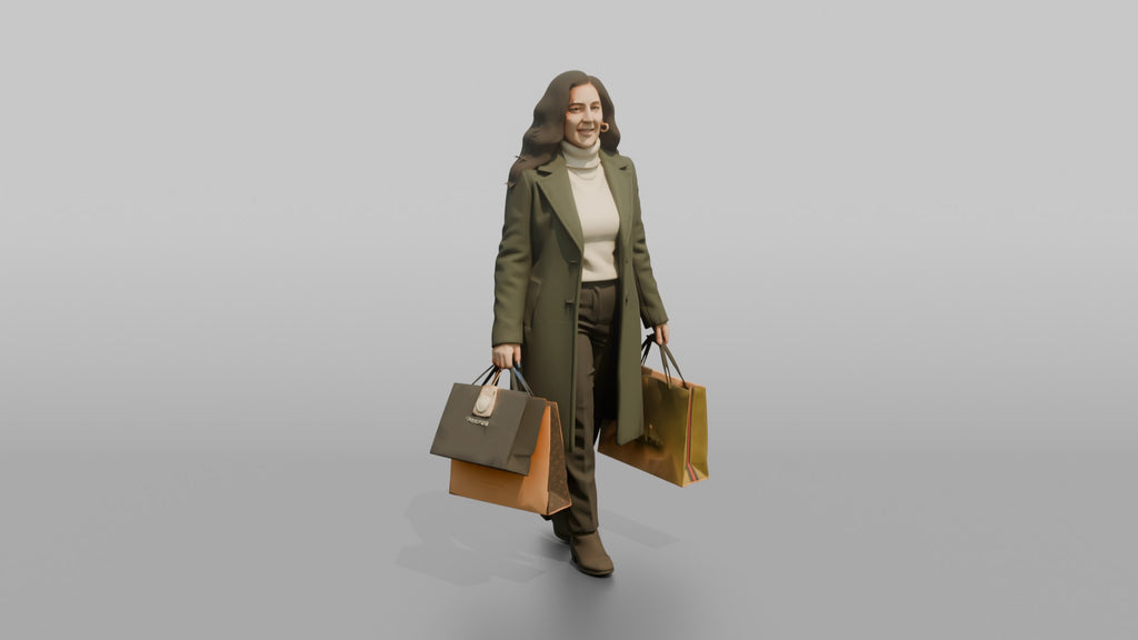 Woman in Green Wool Coat with Shopping Bags