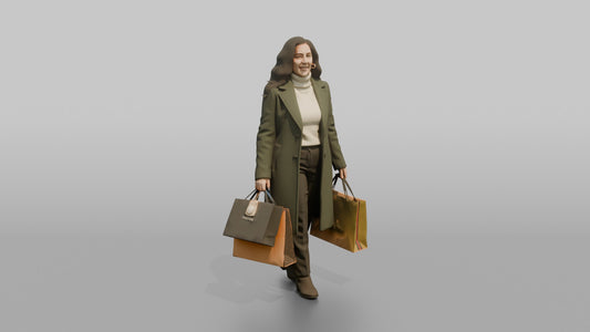 Woman in Green Wool Coat with Shopping Bags - 3D character model, view 1