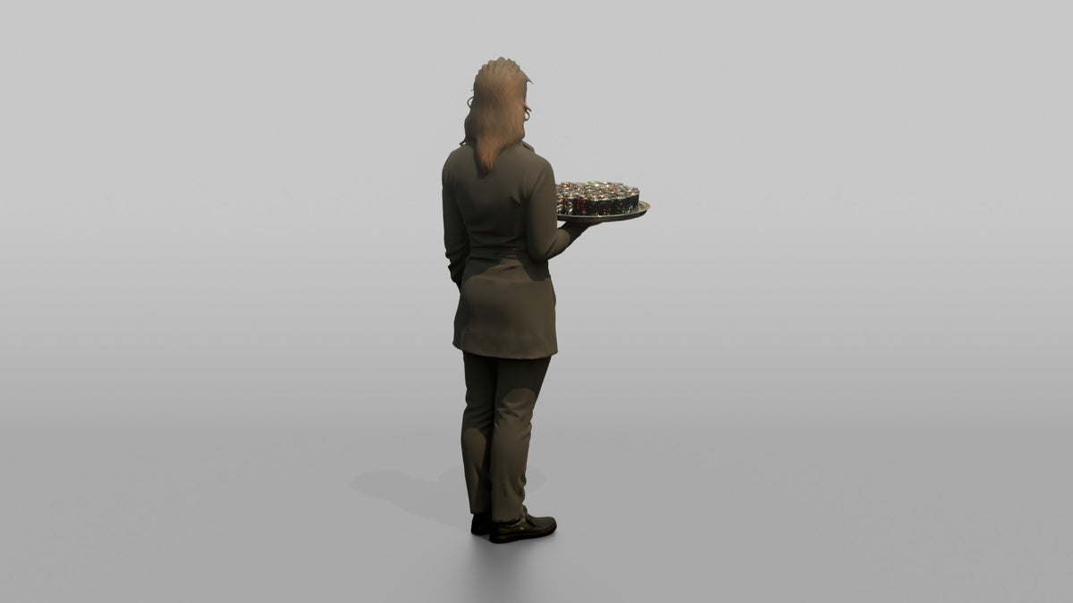 Cocktail Server Woman Carrying A Tray Of Shot Glasses - 3D character model, view 3