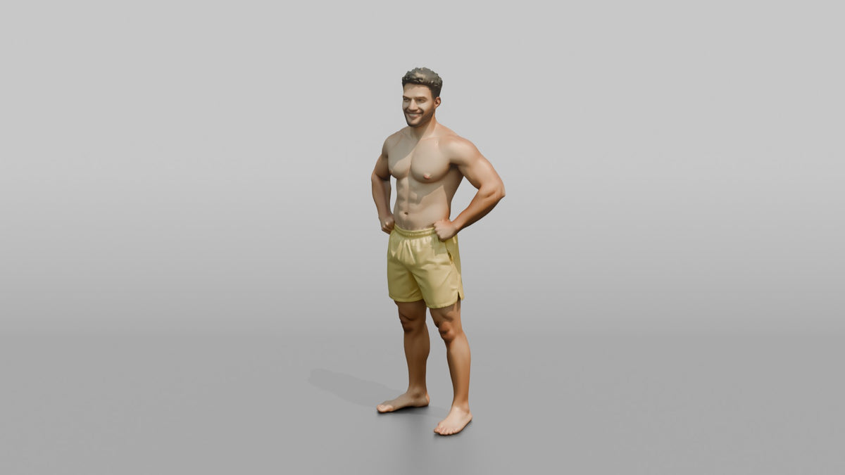 Physique Model Man Standing With Hands On Hips, Chest Out, Confident Pose - 3D character model, view 4
