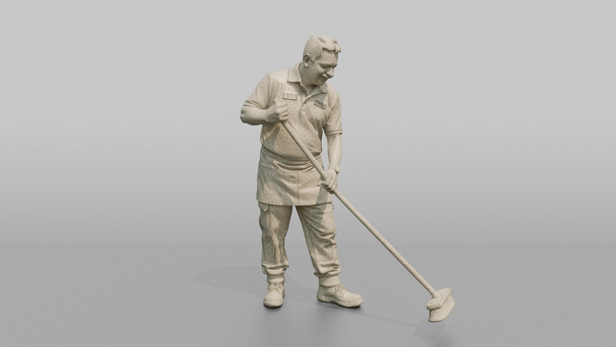 Man Store Employee Sweeping The Floor With A Broom - wireframe topology preview