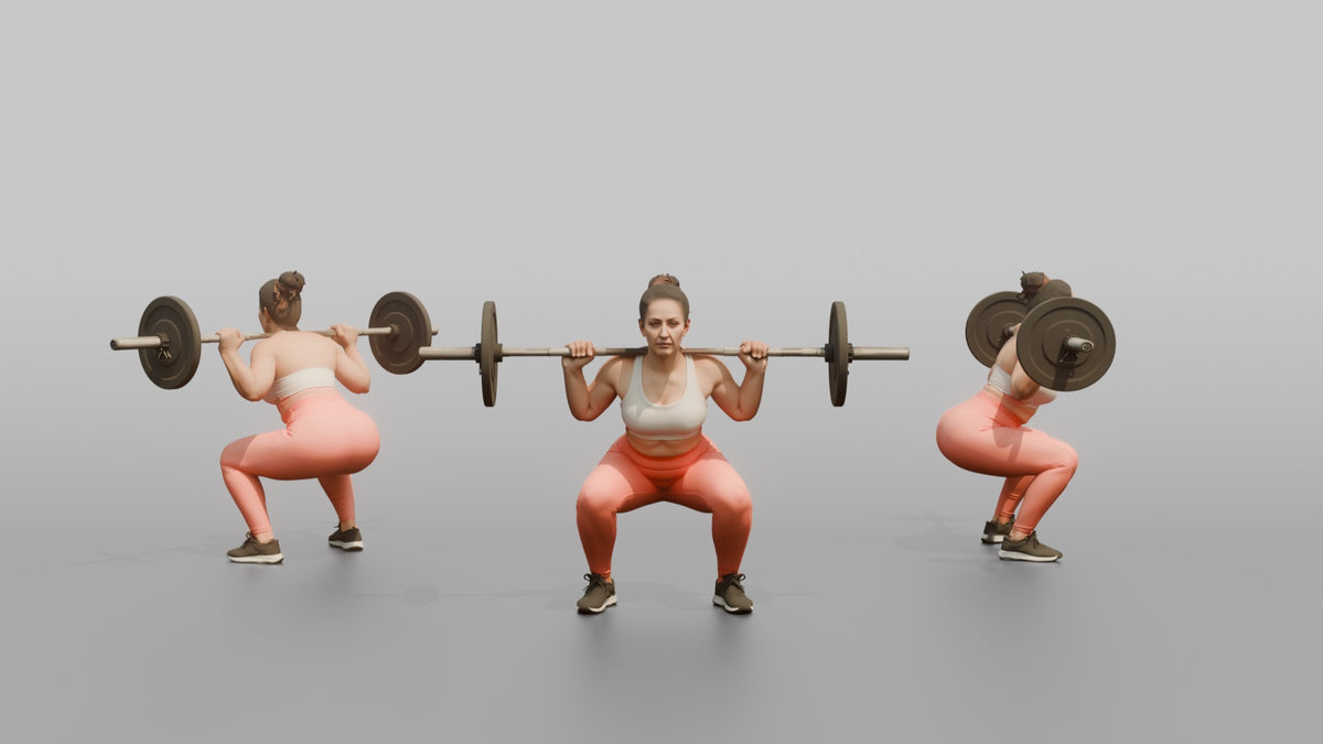 Weightlifter Woman Holding A Barbell Across The Shoulders In A Squat Stance - 3D character model, view 1