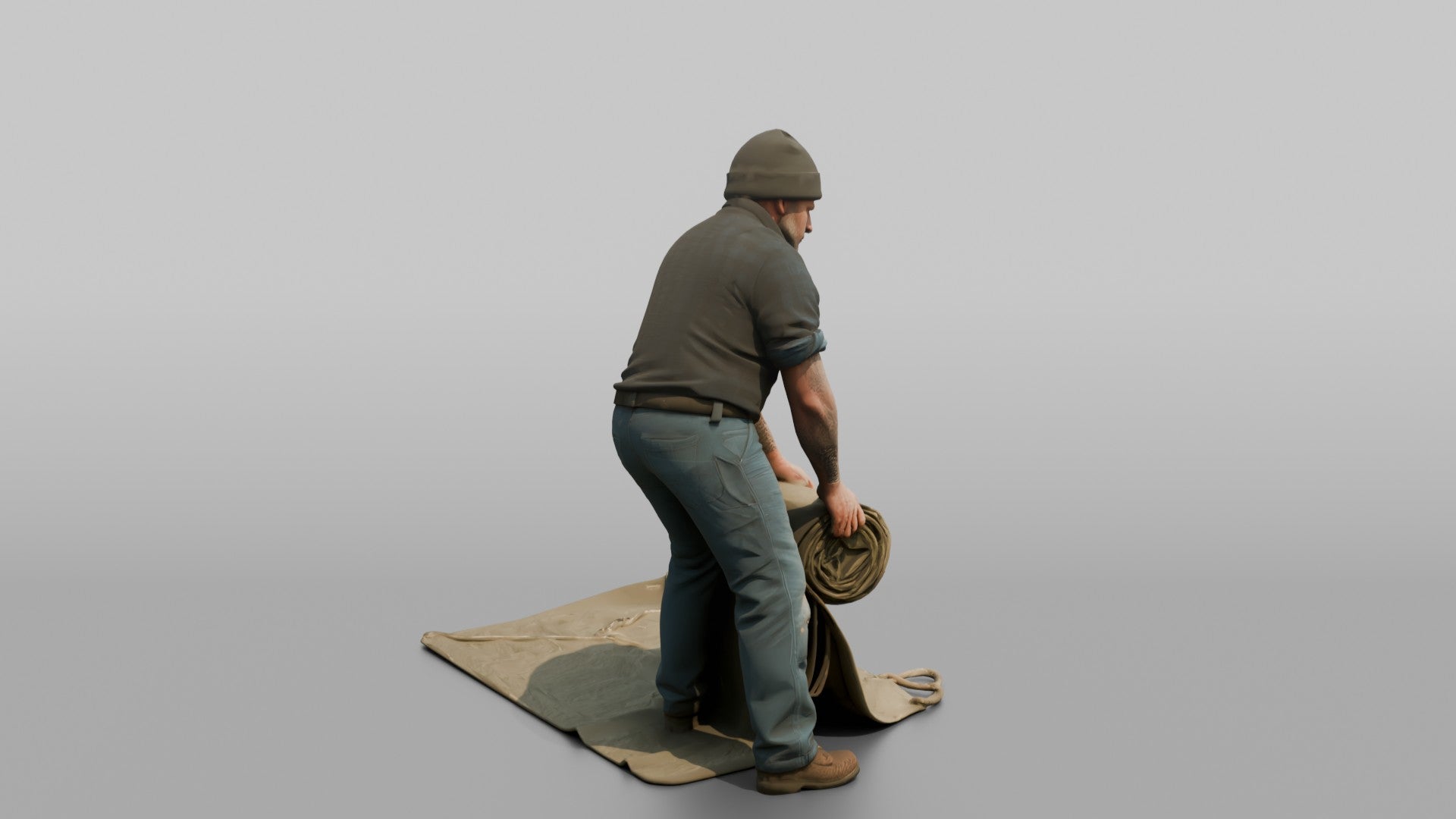 Farmer Unrolling Large Canvas Tarp
